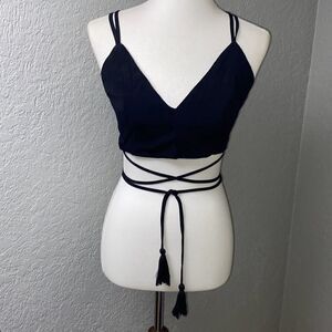 NWT TOBI black lace up sexy tie tassel shirt/top criss cross Sz L